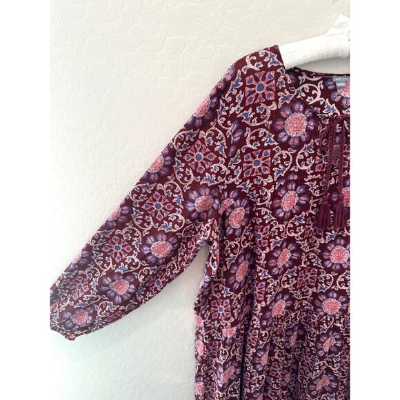 AERIE | Boho Floral Tiered Midi Dress Burgundy Pink Long Sleeve | XL - Picture 3 of 6